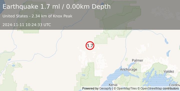 Earthquake 101 km WNW of Skwentna, Alaska (1.7 ml) (2024-11-11 10:24:33 UTC)