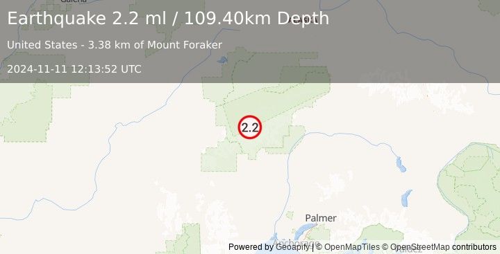 Earthquake 57 km NNW of Petersville, Alaska (2.2 ml) (2024-11-11 12:13:52 UTC)