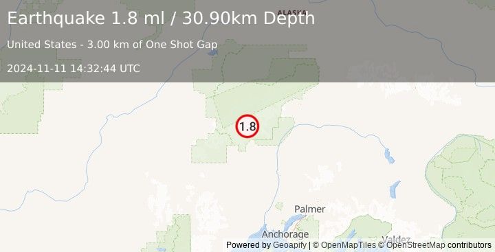 Earthquake 41 km NNW of Petersville, Alaska (1.8 ml) (2024-11-11 14:32:44 UTC)