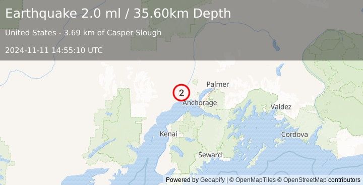 Earthquake 16 km SW of Susitna, Alaska (2.0 ml) (2024-11-11 14:55:10 UTC)