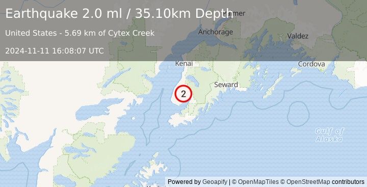 Earthquake 18 km WNW of Fox River, Alaska (2.0 ml) (2024-11-11 16:08:07 UTC)