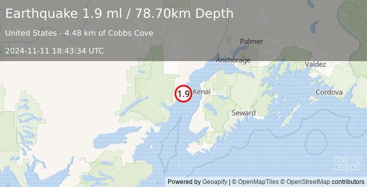 Earthquake 41 km WSW of Salamatof, Alaska (1.9 ml) (2024-11-11 18:43:34 UTC)