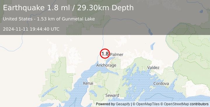 Earthquake 9 km W of Houston, Alaska (1.8 ml) (2024-11-11 19:44:40 UTC)