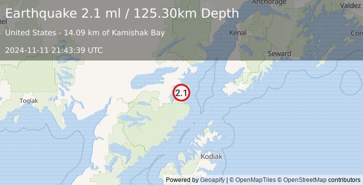 Earthquake 56 km SE of Pope-Vannoy Landing, Alaska (2.1 ml) (2024-11-11 21:43:39 UTC)