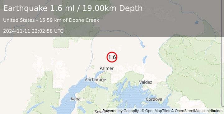 Earthquake 22 km N of Sutton-Alpine, Alaska (1.6 ml) (2024-11-11 22:02:58 UTC)