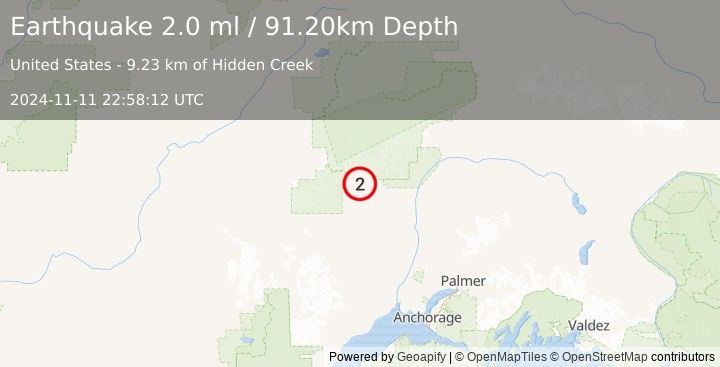 Earthquake 33 km WNW of Petersville, Alaska (2.0 ml) (2024-11-11 22:58:12 UTC)