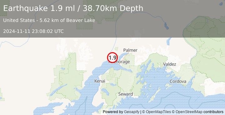 Earthquake 20 km W of Point MacKenzie, Alaska (1.9 ml) (2024-11-11 23:08:02 UTC)