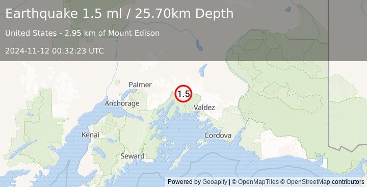 Earthquake 48 km SSE of Glacier View, Alaska (1.5 ml) (2024-11-12 00:32:23 UTC)