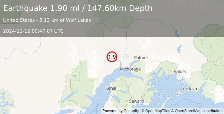 Earthquake 35 km WNW of Susitna, Alaska (1.9 ml) (2024-11-12 00:47:07 UTC)