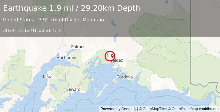 Earthquake 29 km WNW of Valdez, Alaska (1.9 ml) (2024-11-12 01:00:28 UTC)