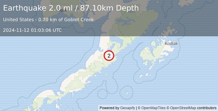 Earthquake 35 km SE of Ugashik, Alaska (2.0 ml) (2024-11-12 01:03:06 UTC)