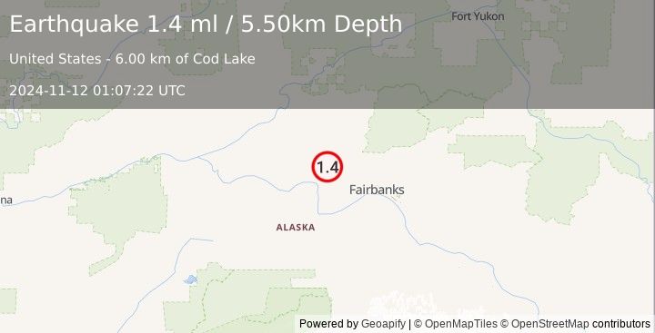 Earthquake 22 km ESE of Minto, Alaska (1.4 ml) (2024-11-12 01:07:22 UTC)