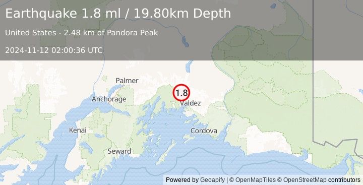 Earthquake 31 km NW of Valdez, Alaska (1.8 ml) (2024-11-12 02:00:36 UTC)