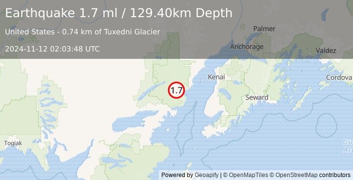 Earthquake 70 km E of Port Alsworth, Alaska (1.7 ml) (2024-11-12 02:03:48 UTC)