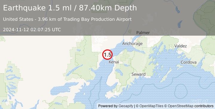 Earthquake 27 km WNW of Nikiski, Alaska (1.5 ml) (2024-11-12 02:07:25 UTC)