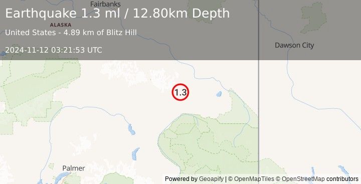 Earthquake 41 km NW of Mentasta Lake, Alaska (1.3 ml) (2024-11-12 03:21:53 UTC)