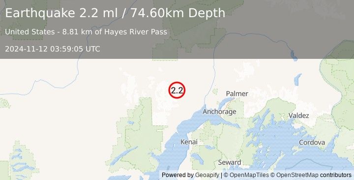 Earthquake 40 km SSW of Skwentna, Alaska (2.2 ml) (2024-11-12 03:59:05 UTC)