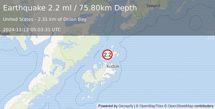 Earthquake 21 km NNE of Aleneva, Alaska (2.2 ml) (2024-11-12 05:03:31 UTC)