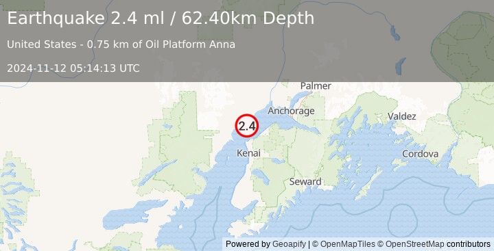 Earthquake 13 km SW of Tyonek, Alaska (2.4 ml) (2024-11-12 05:14:13 UTC)