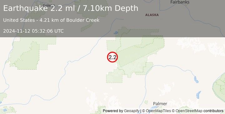 Earthquake 58 km SW of Denali National Park, Alaska (2.2 ml) (2024-11-12 05:32:06 UTC)