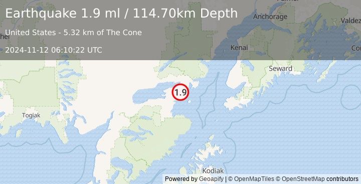 Earthquake 28 km SE of Pedro Bay, Alaska (1.9 ml) (2024-11-12 06:10:22 UTC)