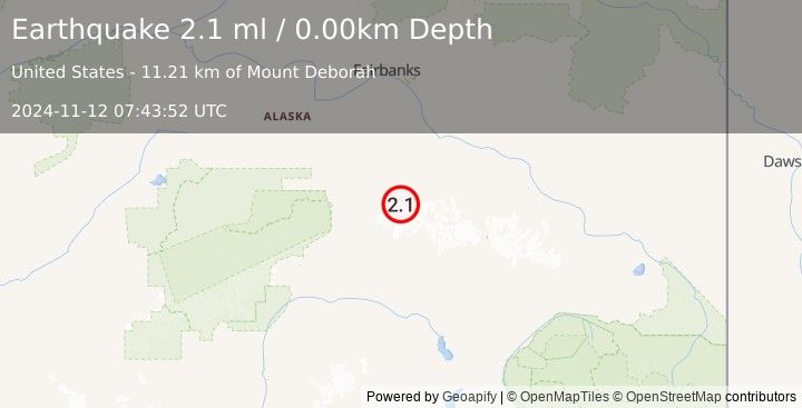 Earthquake 73 km E of Denali Park, Alaska (2.1 ml) (2024-11-12 07:43:52 UTC)