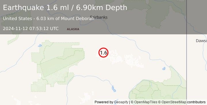 Earthquake 77 km E of Denali Park, Alaska (1.6 ml) (2024-11-12 07:53:12 UTC)