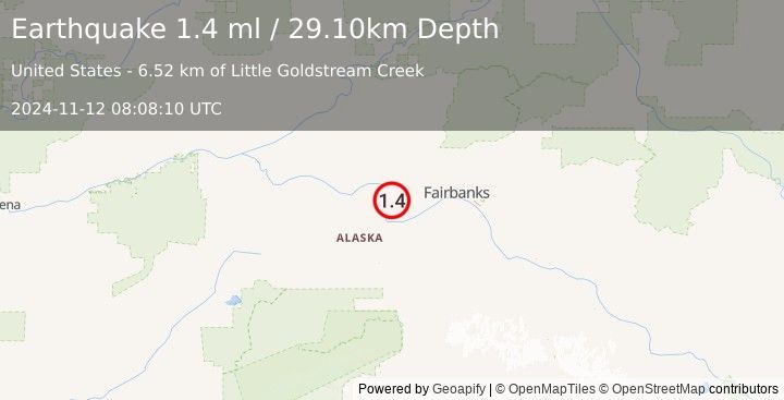 Earthquake 19 km NNE of Four Mile Road, Alaska (1.4 ml) (2024-11-12 08:08:10 UTC)