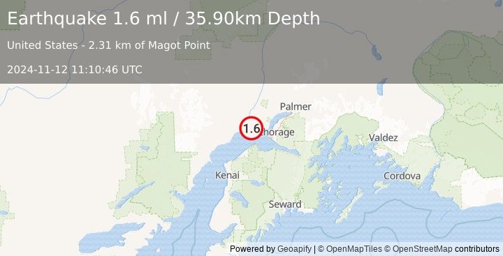 Earthquake 29 km WSW of Point MacKenzie, Alaska (1.6 ml) (2024-11-12 11:10:46 UTC)