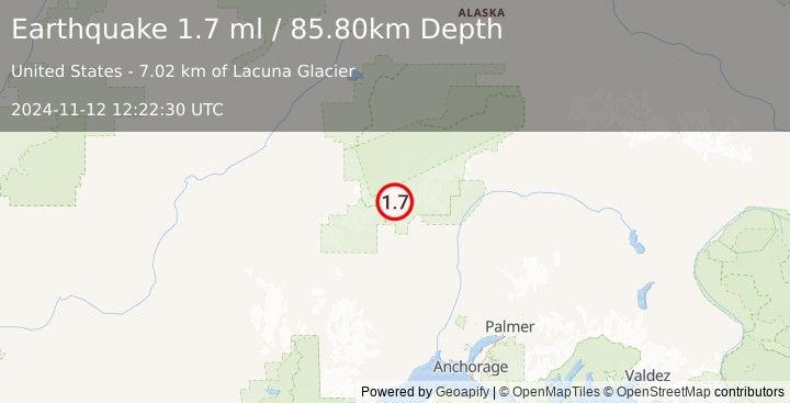 Earthquake 44 km NW of Petersville, Alaska (1.7 ml) (2024-11-12 12:22:30 UTC)