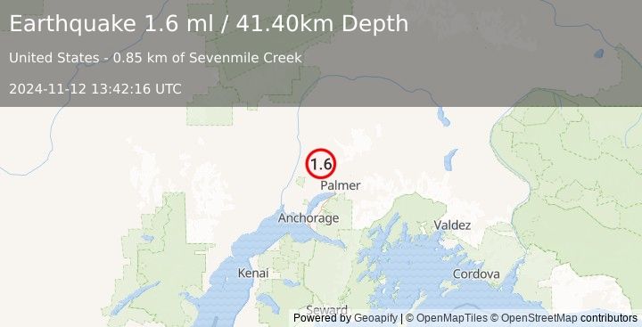 Earthquake 22 km WNW of Fishhook, Alaska (1.6 ml) (2024-11-12 13:42:16 UTC)