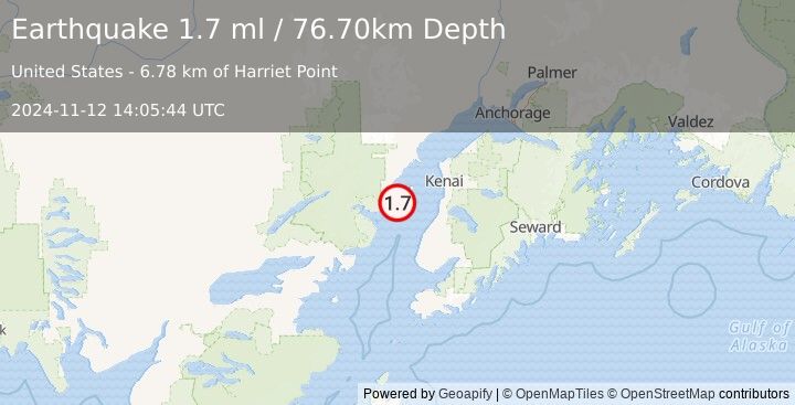 Earthquake 43 km NW of Ninilchik, Alaska (1.7 ml) (2024-11-12 14:05:44 UTC)