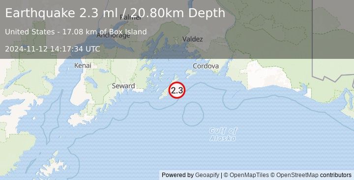 Earthquake 54 km E of Chenega, Alaska (2.3 ml) (2024-11-12 14:17:34 UTC)