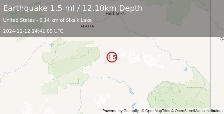 Earthquake 52 km ENE of Cantwell, Alaska (1.5 ml) (2024-11-12 14:41:09 UTC)