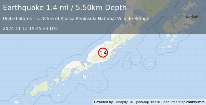 Earthquake 29 km W of Chignik Lake, Alaska (1.4 ml) (2024-11-12 15:45:23 UTC)