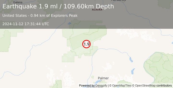 Earthquake 61 km N of Petersville, Alaska (1.9 ml) (2024-11-12 17:31:44 UTC)