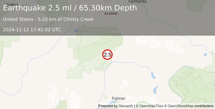 Earthquake 58 km WSW of Cantwell, Alaska (2.5 ml) (2024-11-12 17:42:02 UTC)