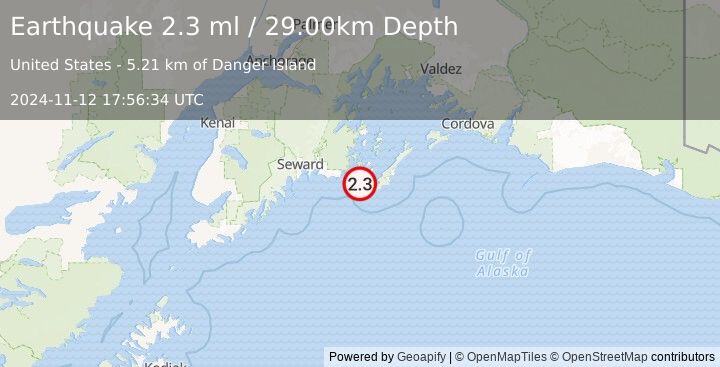 Earthquake 21 km SSW of Chenega, Alaska (2.3 ml) (2024-11-12 17:56:34 UTC)