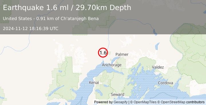 Earthquake 13 km N of Susitna, Alaska (1.6 ml) (2024-11-12 18:16:39 UTC)