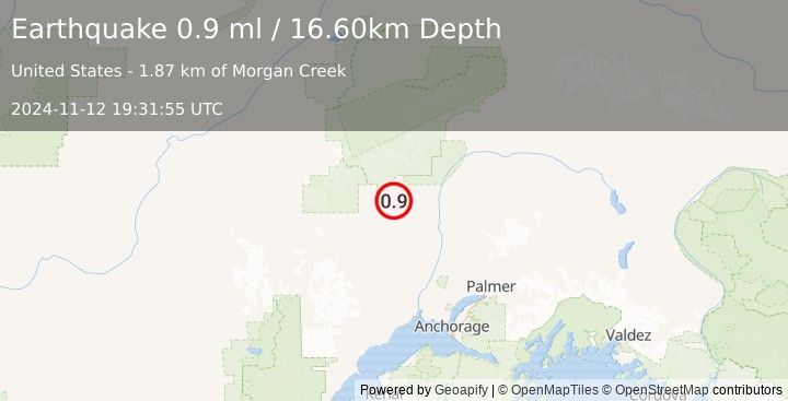 Earthquake 18 km WSW of Petersville, Alaska (0.9 ml) (2024-11-12 19:31:55 UTC)