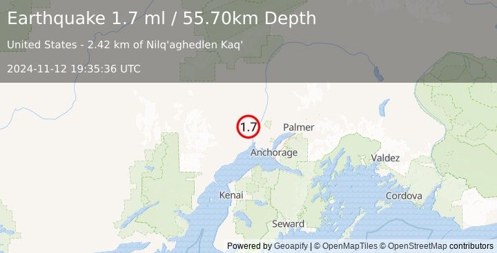 Earthquake 12 km NW of Susitna, Alaska (1.7 ml) (2024-11-12 19:35:36 UTC)