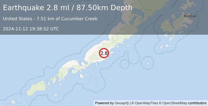 Earthquake 12 km W of Chignik Lake, Alaska (2.8 ml) (2024-11-12 19:38:52 UTC)