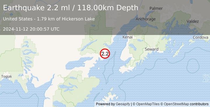 Earthquake 65 km WNW of Anchor Point, Alaska (2.2 ml) (2024-11-12 20:00:57 UTC)