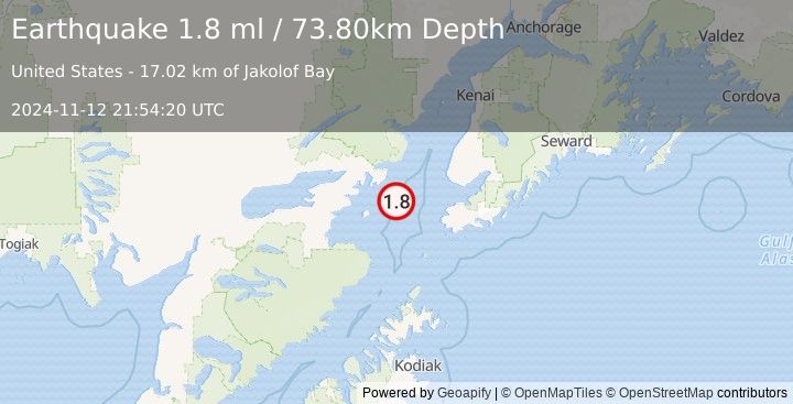 Earthquake 53 km WNW of Nanwalek, Alaska (1.8 ml) (2024-11-12 21:54:20 UTC)