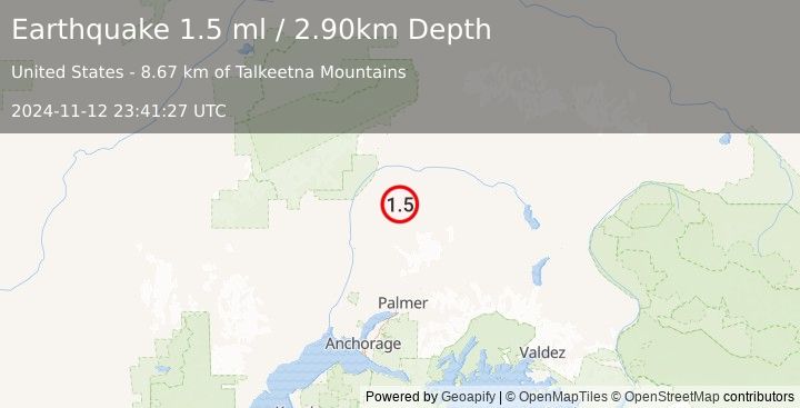 Earthquake 48 km E of Chase, Alaska (1.5 ml) (2024-11-12 23:41:27 UTC)