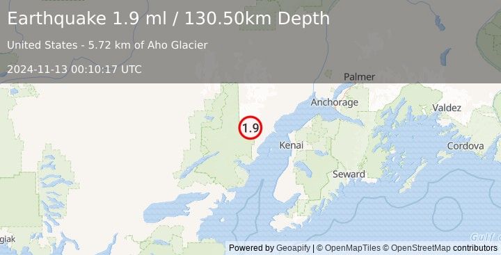 Earthquake 70 km WNW of Nikiski, Alaska (1.9 ml) (2024-11-13 00:10:17 UTC)