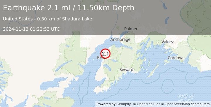 Earthquake 15 km E of Nikiski, Alaska (2.1 ml) (2024-11-13 01:22:53 UTC)