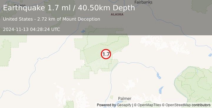 Earthquake 72 km N of Petersville, Alaska (1.7 ml) (2024-11-13 04:28:24 UTC)