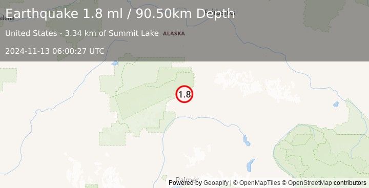 Earthquake 17 km SW of Cantwell, Alaska (1.8 ml) (2024-11-13 06:00:27 UTC)