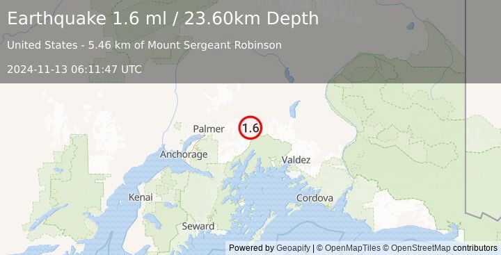 Earthquake 22 km SSW of Glacier View, Alaska (1.6 ml) (2024-11-13 06:11:47 UTC)